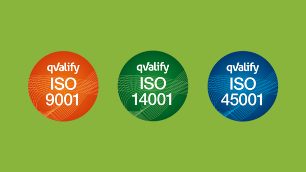 Tre ISO certifieringsikoner för ISO 90001, 14001 och 45001.